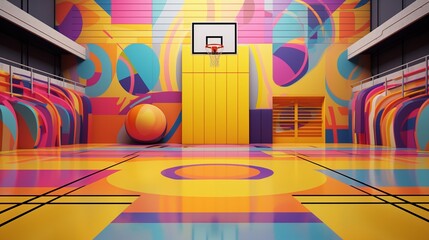 Colorful Pop Art Basketball Court with Geometric Shapes and Patterns