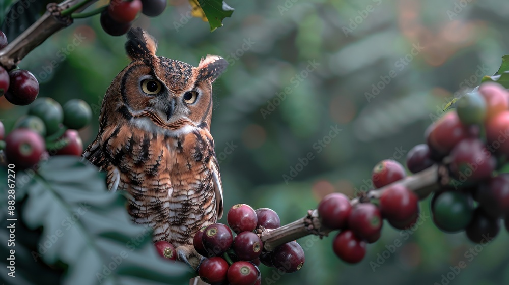 Wall mural A brown owl is perched on a branch with red berries