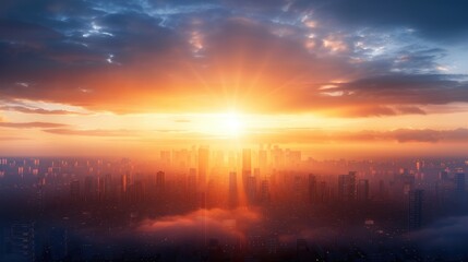 Fototapeta premium Stunning sunrise over a bustling cityscape with skyscrapers silhouetted against a vibrant, colorful sky.