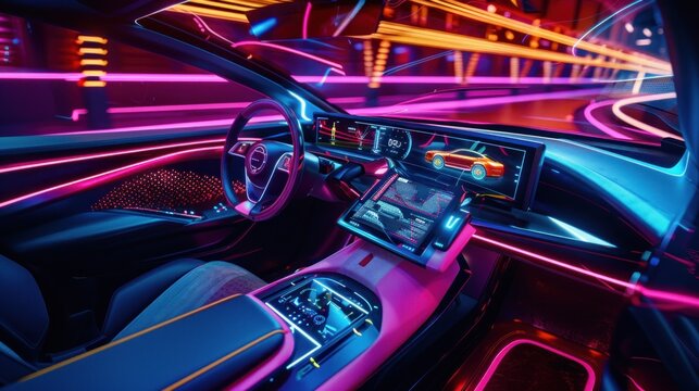 The interior of the car is illuminated with colorful LED lights that are synchronized to the beat of the music, creating a dynamic and elegant audiovisual experience