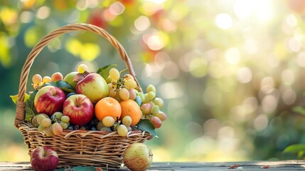 A wicker basket overflowing with fresh fruit including apples, grapes, and oranges, set against a sunny, blurred natural background.