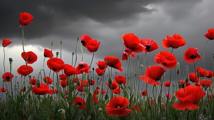Obraz premium A field of red poppies blooming under a grey sky with a bright sun shining through the clouds