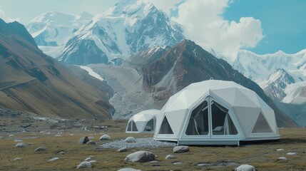 A geodesic dome restaurant with a large patio overlooking a mountain