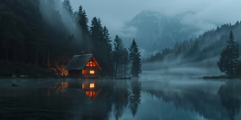 Illuminated Wooden house in the forest on a calm lake