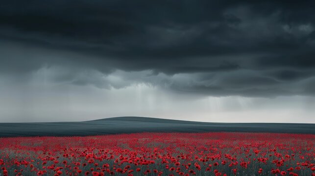 A field of red poppies blooming under a grey sky with a bright sun shining through the clouds