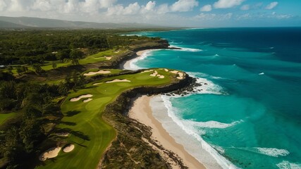 18-hole seaside golf course, bird's-eye view from Drone