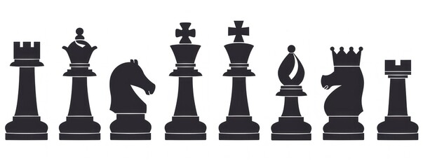 Set of black chess pieces silhouettes on white background, symbolizing strategy and intelligence in minimalist art - Generative ai