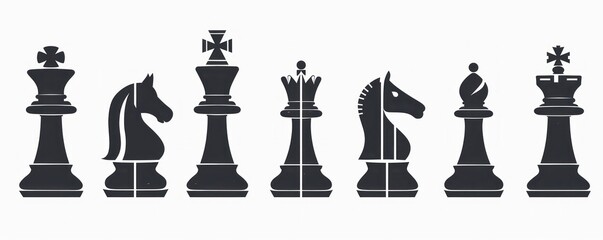 Set of black chess pieces silhouettes on white background, symbolizing strategy and intelligence in minimalist art - Generative ai