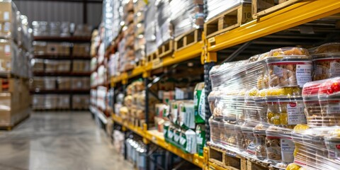 Naklejka premium Pallet of wrapped food products in warehouse
