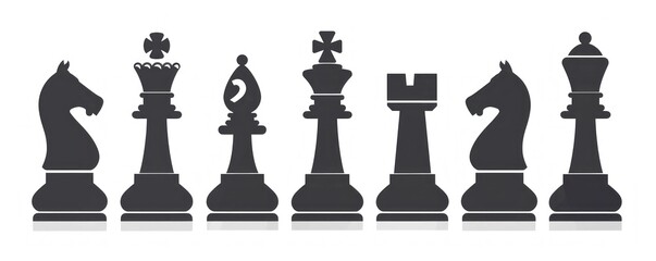 Set of black chess pieces silhouettes on white background, symbolizing strategy and intelligence in minimalist art - Generative ai