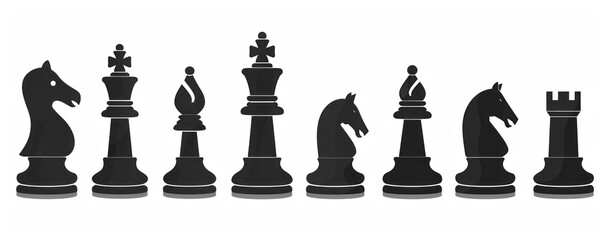 Set of black chess pieces silhouettes on white background, symbolizing strategy and intelligence in minimalist art - Generative ai