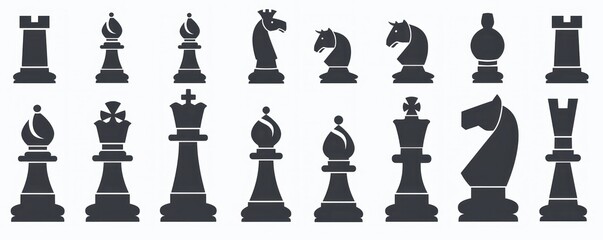 Set of black chess pieces silhouettes on white background, symbolizing strategy and intelligence in minimalist art - Generative ai