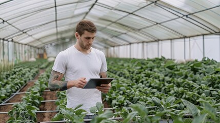 Obraz premium A man walks through rows of plants in a greenhouse while looking at a tablet