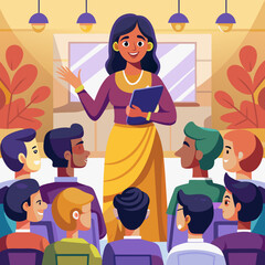 Indian Female, Young Adult, Slim : Confidently holding a presentation remote, facing a captivated audience.
