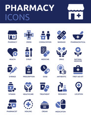 Pharmacy icon set. Medicine, bandage, medication, prescription, treatment, health and syringe symbol. Solid icons vector collection.