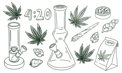 Cannabis elements set bong, marijuana leaf, joint dried buds. Vector illustration in doodle outline hand drawn style