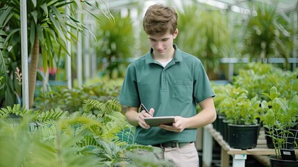 A man walks through rows of plants in a greenhouse while looking at a tablet