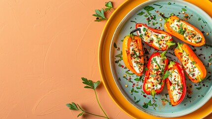 Soft orange background with a modern ceramic plate holding gourmet stuffed mini bell peppers with cream cheese and herbs