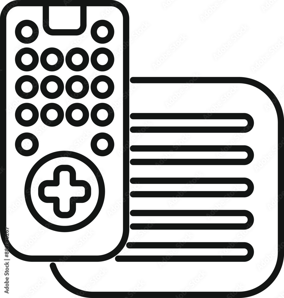 Poster line icon representing a remote control sending a signal and controlling a device