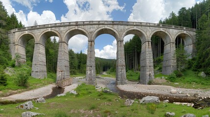 A large stone viaduct bridge with multiple arches spans a dry riverbed surrounded by lush green trees and a clear blue sky