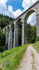 Fototapeta premium A large stone viaduct bridge with multiple arches spans a dry riverbed surrounded by lush green trees and a clear blue sky