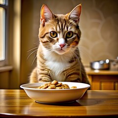 the cat does not know what to do with the bowl that lies in front of it