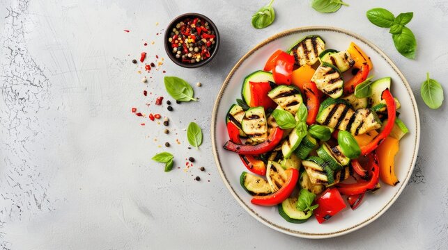 A white plate piled high with grilled zucchini, bell peppers, broccoli florets, and onion slices