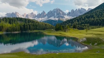 A tranquil lake in the Italian Dolomites reflects the surrounding mountains and clouds