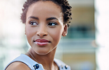 Internship, businesswoman and thinking in office for career, future and inspiration for company....