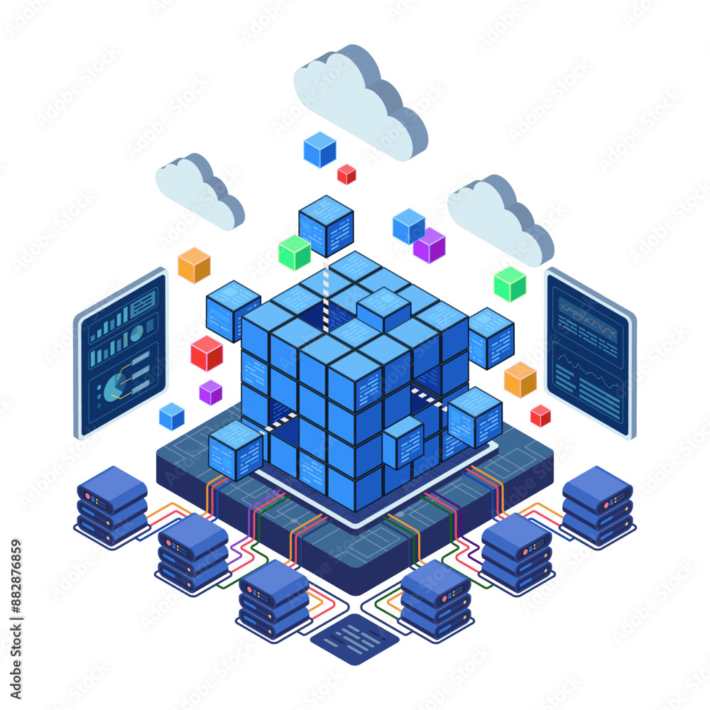 Poster isometric data center block with servers and cloud computing