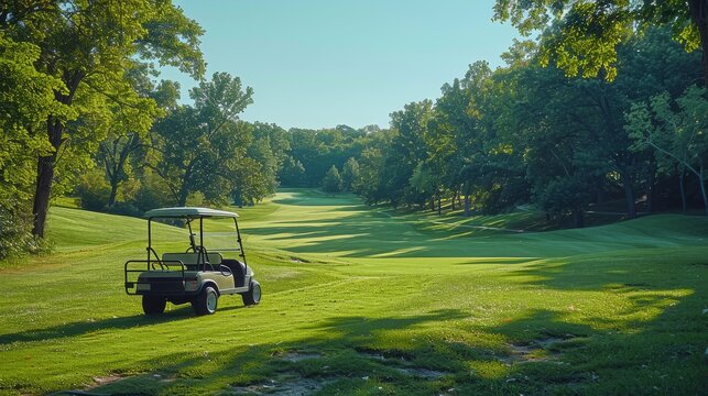 full shot golf cart golf green golf field in the rigth golf field in the left, tabletop photography, zeiss planar t* 80mm f/2