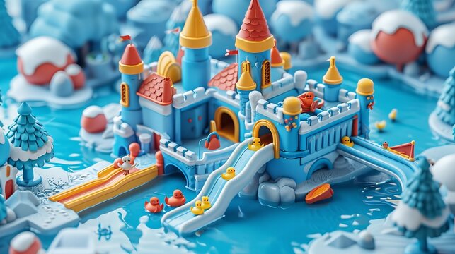 fun fantasy land, kids playground, slider on playground, big bathub on center, vibrant, blue and white tone color, many toys, outdoor, blue sky, pool, kids playground, isometric, wide shot, 1 mini duc