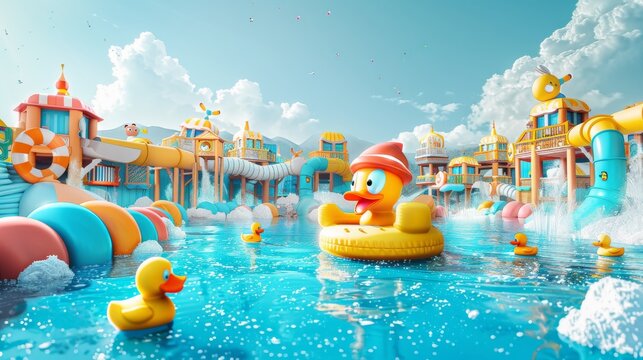 fun fantasy land, kids playground, slider on playground, big bathub on center, vibrant, blue and white tone color, many toys, outdoor, blue sky, pool, kids playground, isometric, wide shot, 1 mini duc