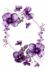 Illustration of a circular frame surrounded by deep purple Japanese violets drawn with simple lines