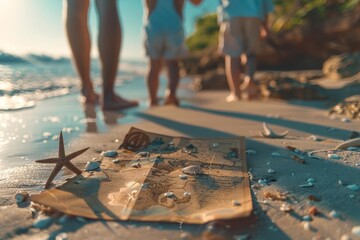 A family treasure hunt on the beach with a map leading to holidaythemed surprises