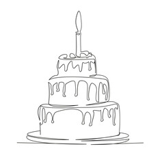 One continuous single drawing line art flat doodle  cake with a candle, piece of cake, festive dessert, sweets, pastries. Isolated image hand draw contour on a white background
