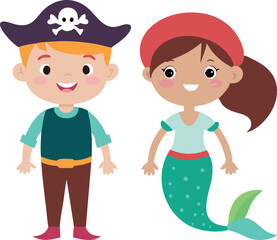 Fototapeta premium Kids dressed as pirate and mermaid for Halloween