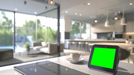 Modern smart home kitchen interior with advanced technology, tab