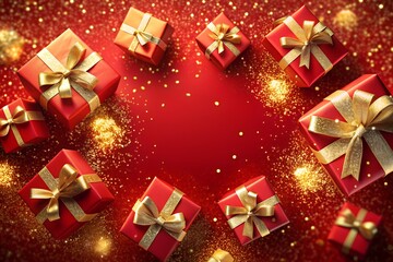 New Year's holiday background with lots of golden gifts on a red background
