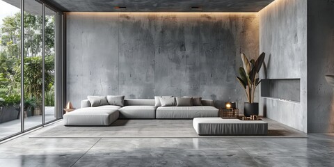Elegant minimalist living room with a grey wall and sleek, clean design