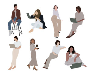 8 silhouettes of sitting people in color vector