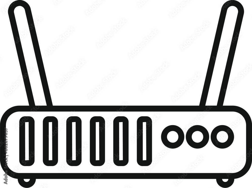 Poster simple line icon style illustration of a wifi router with two antennas, providing a wireless signal 