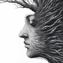 A human face as part of a tree. A fairy tale character. Black and white image in engraving style. Illustration for cover, card, postcard, interior design, print, brochure or presentation.