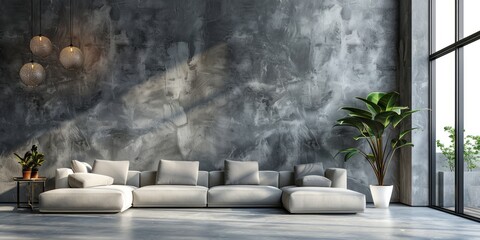 Elegant minimalist living room with a grey wall
