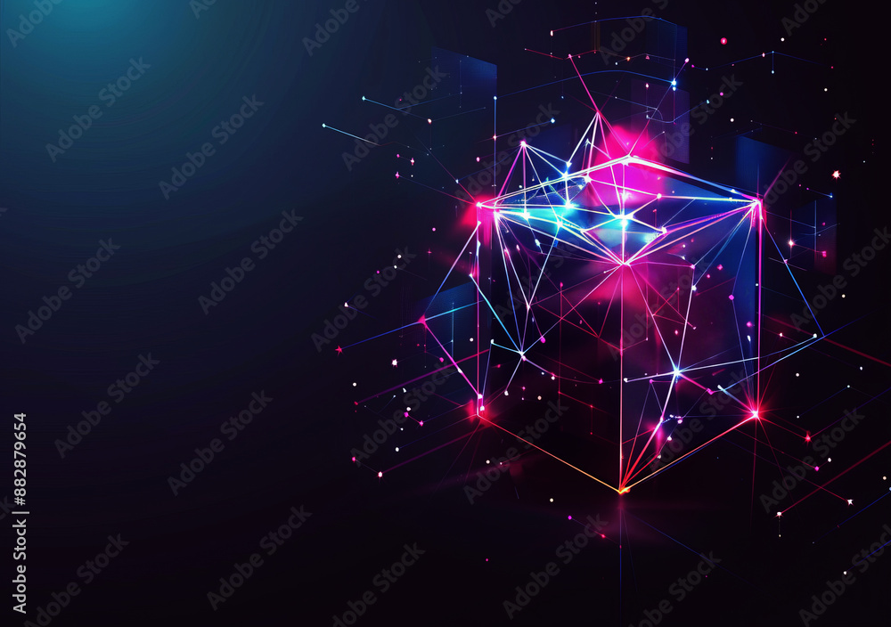 Fototapete abstract futuristic open box with glowing low poly lines on dark blac background,
