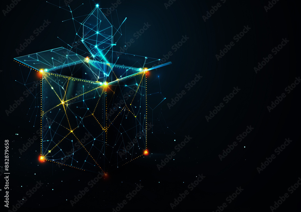 Fototapete abstract futuristic open box with glowing low poly lines on dark blac background,