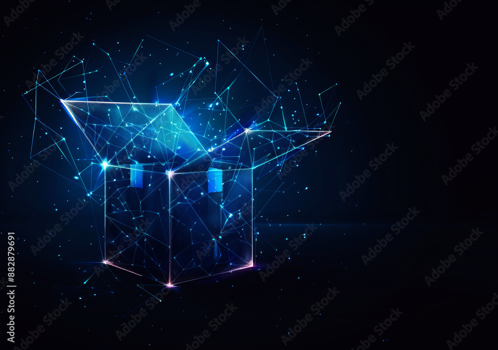 Fototapete abstract futuristic open box with glowing low poly lines on dark blac background,