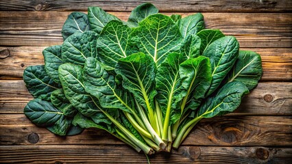 A vibrant bunch of fresh collard greens artfully arranged on a rustic wooden background, evoking a sense of earthy simplicity.
