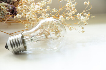An incandescent lamp lies next to dried flowers on the window of the house, electricity and light