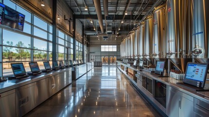 Fototapeta premium High-tech brewery tours with digital guides and sleek design, in a modern facility, emphasizing education and engagement. 